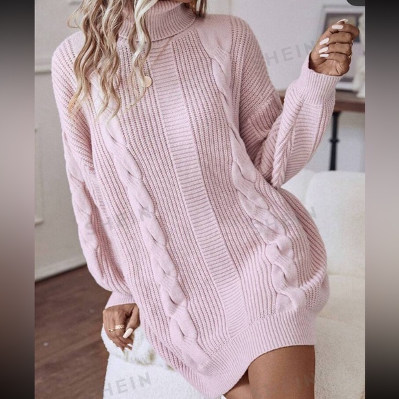SHEIN Turtleneck Cable Knit Sweater Dress Pink Sz L (oversized) - Picture 2 of 3